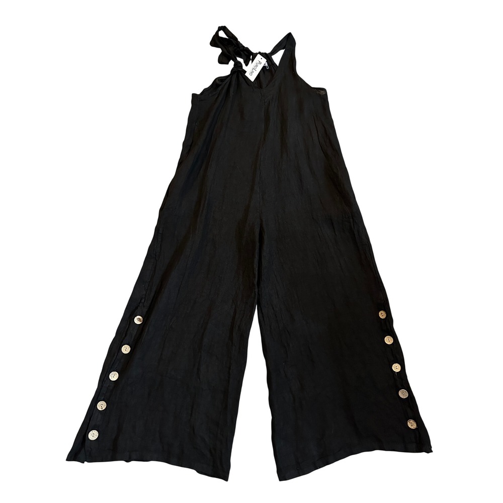 Puro Lino Black Italian Linen Wide Leg Halter Jumpsuit Italy Oversized Medium